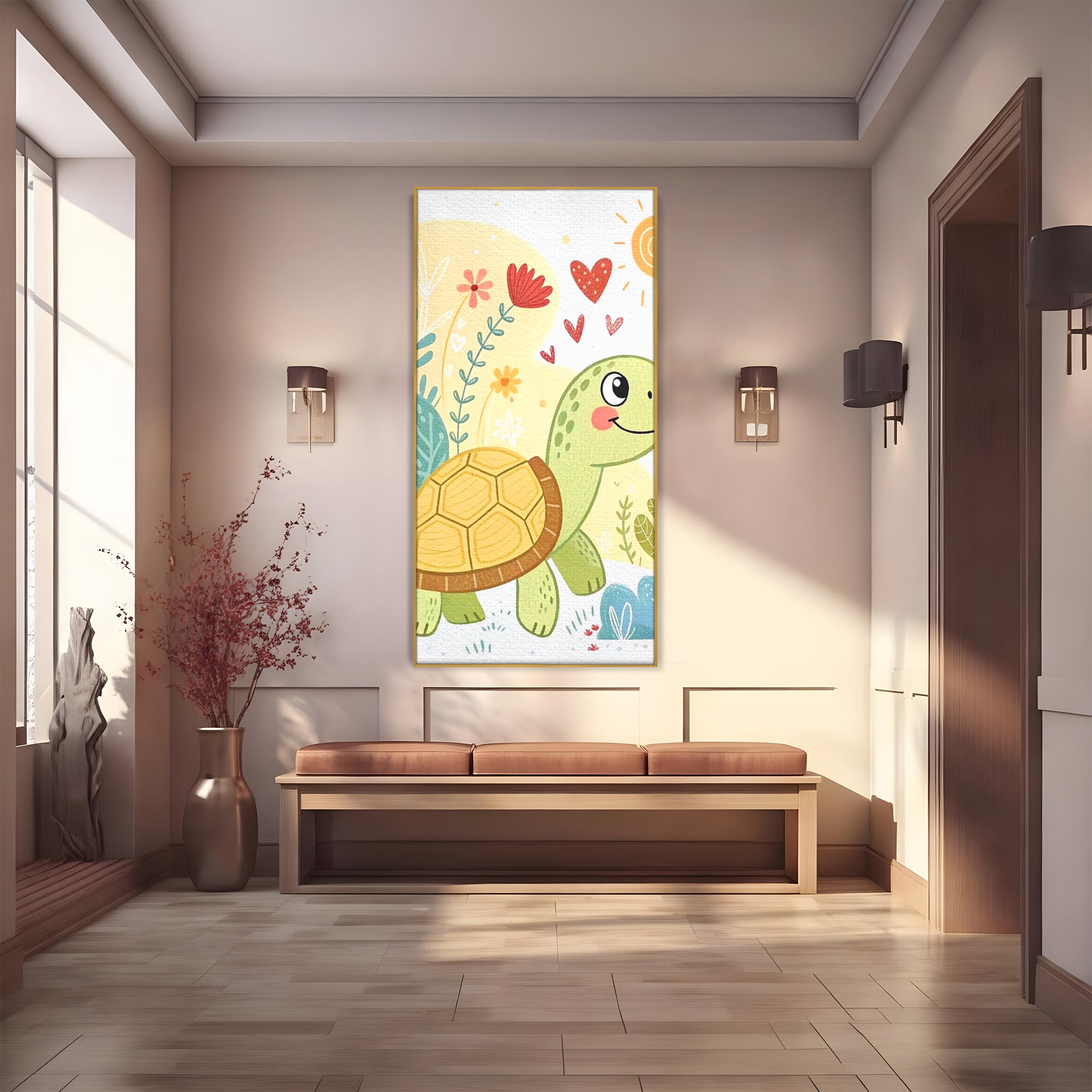 Tablou canvas cu ilustratie cu testoasa vesela printre flori, in rama de aluminiu auriu